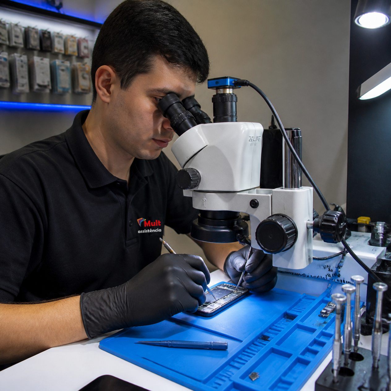Técnico consertando a placa de um celular no microscópio