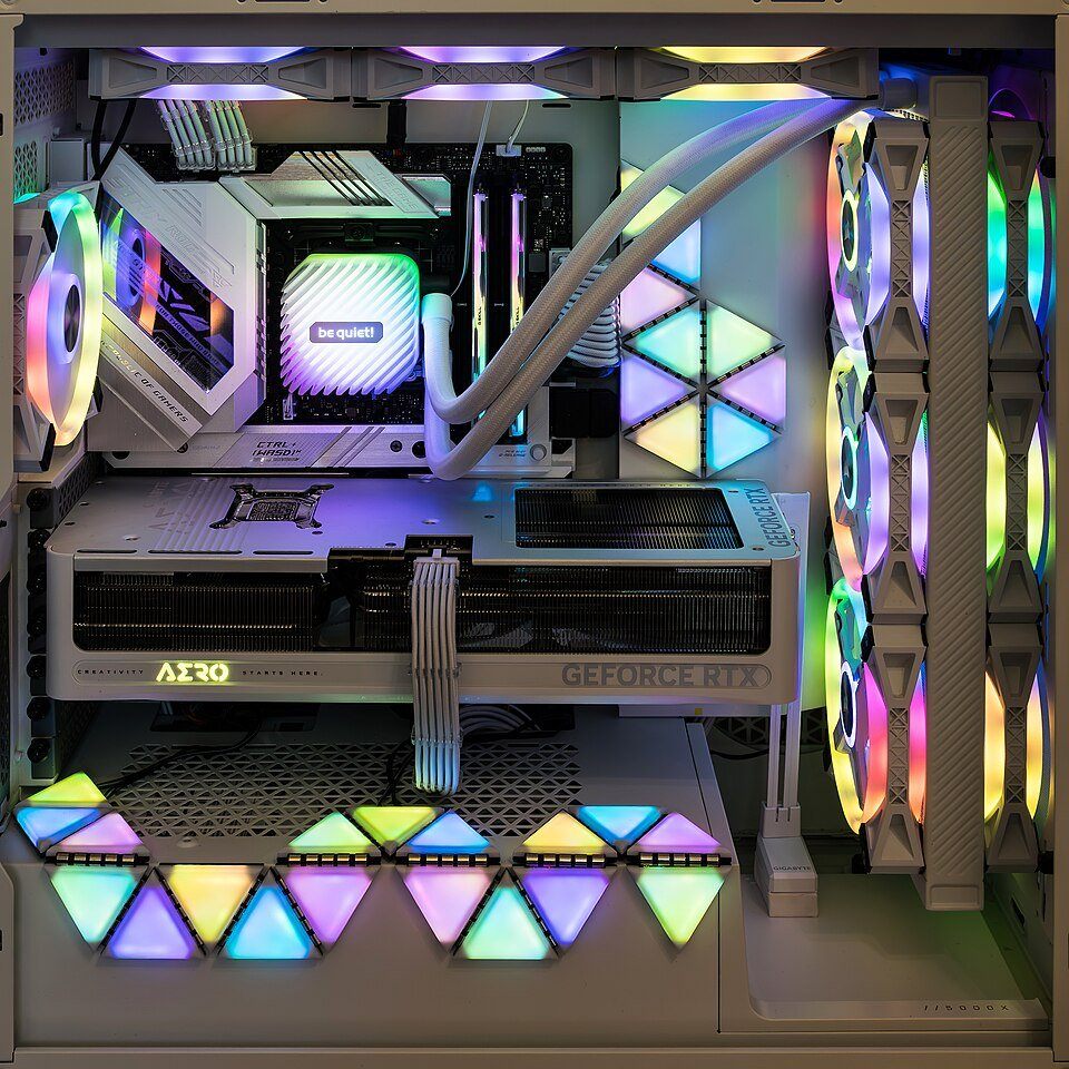 PC gamer montado com placa de vídeo GeForce RTX, water cooler e iluminação RGB